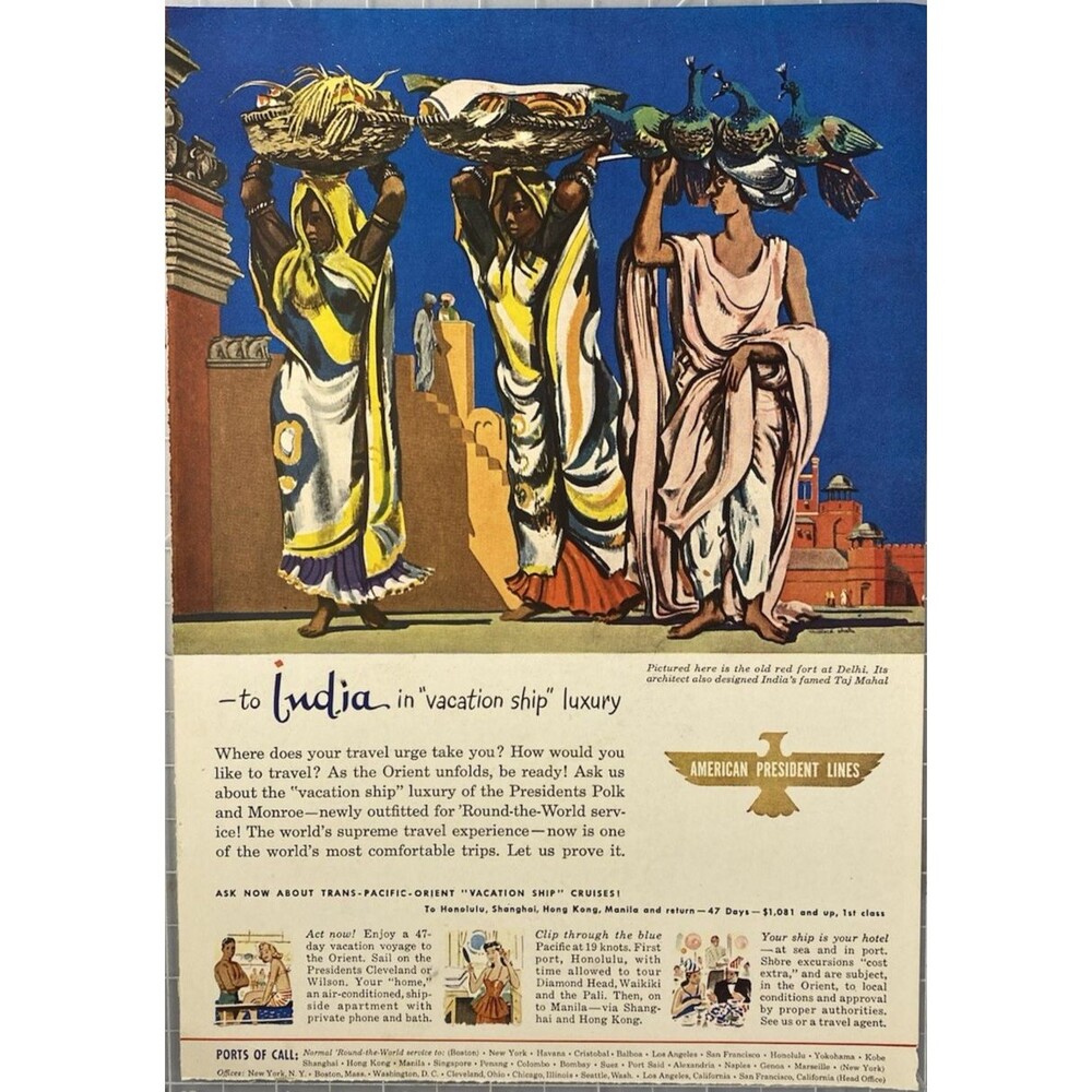 American President Lines "To India in Vacation Ship Luxury" Vintage Print Ad '47